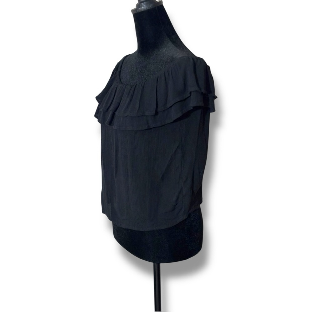 One Clothing Off The Shoulder Ruffled Neck and Sleeves Black Lightweight Top - Picture 4 of 16
